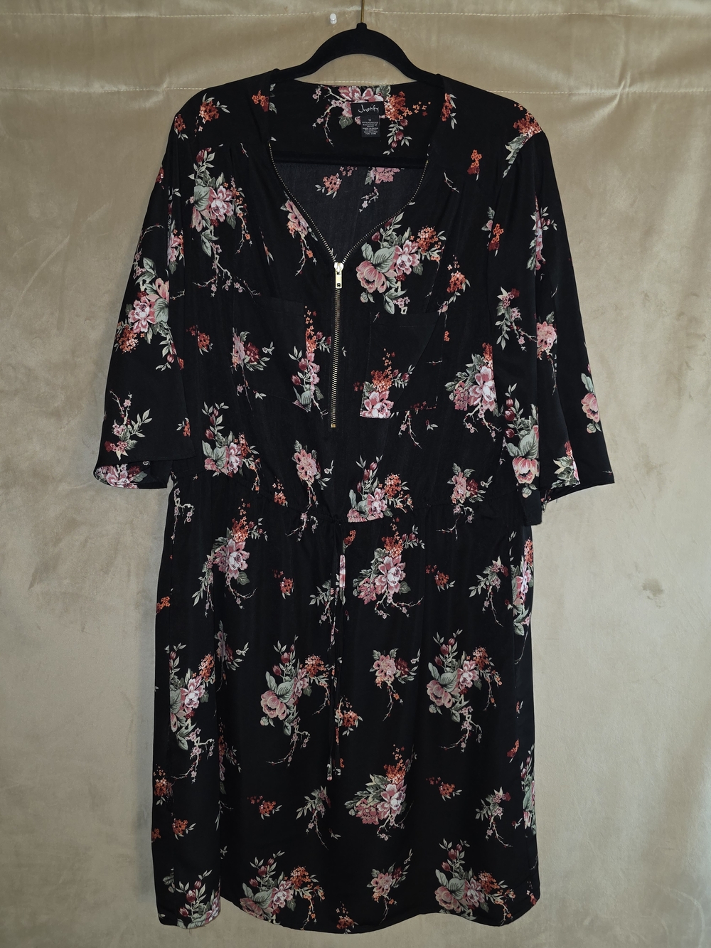 Justify Black Floral Blouse with Pink and Green Accents